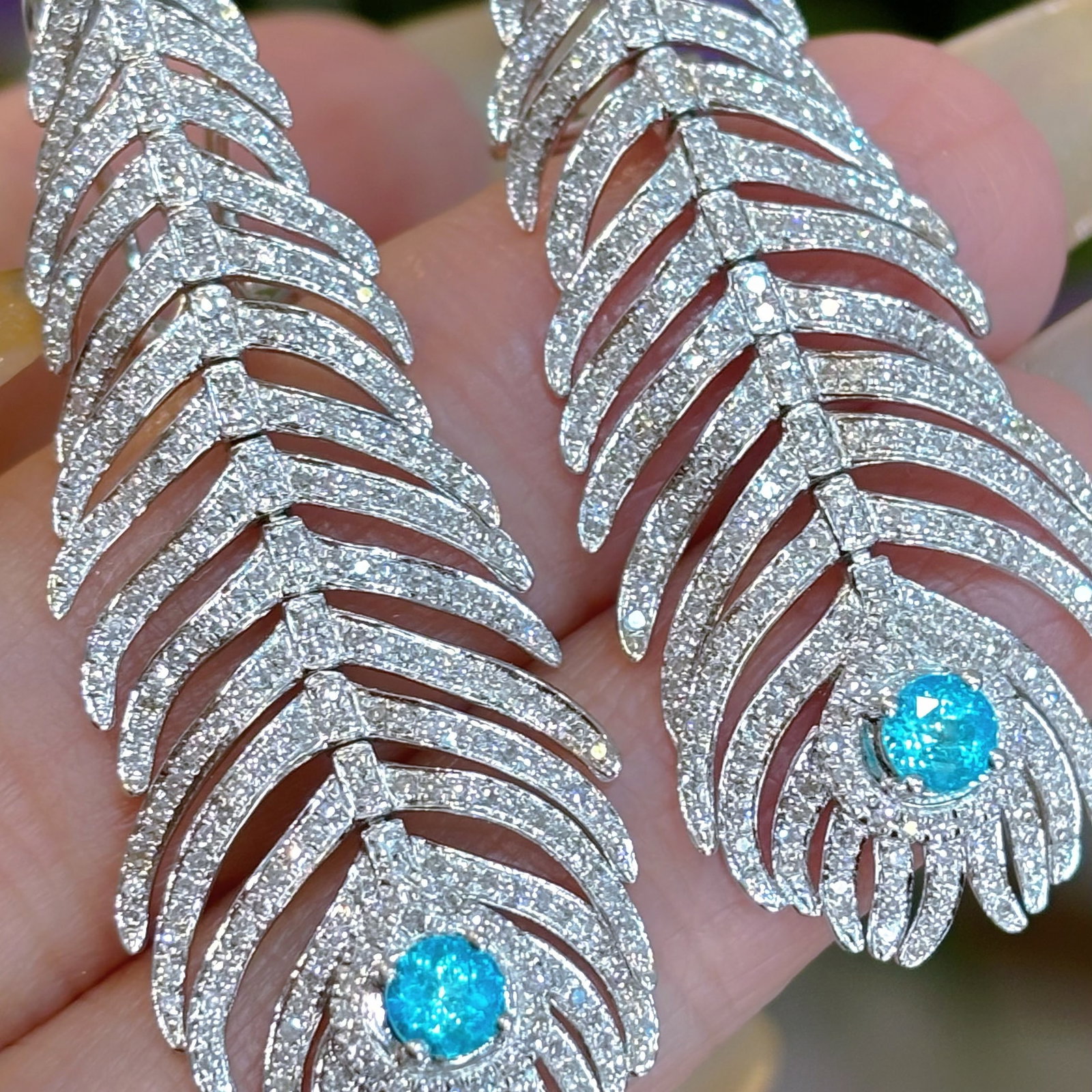 14k Gold 1.3 Ct Natural H Diamond & Paraiba Tourmaline Earrings - 7