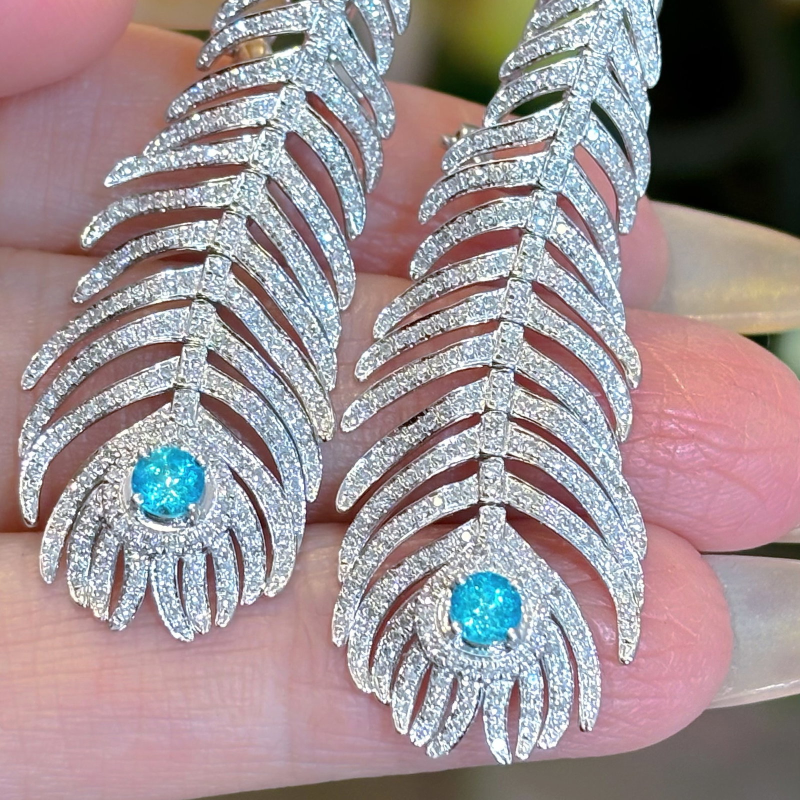 14k Gold 1.3 Ct Natural H Diamond & Paraiba Tourmaline Earrings - 8
