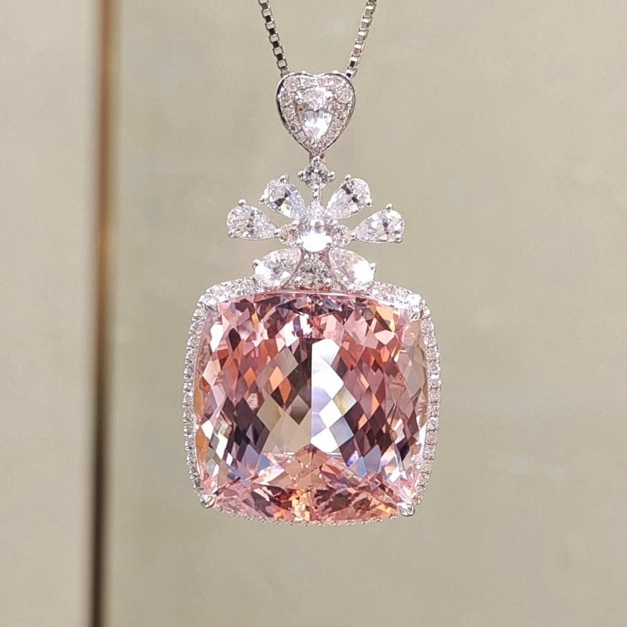 14k Gold 52.23 Ctw Natural Morganite & Sapphire Pendant( Without Chain ): Ref:231092273 // gold content:14k gold // main gemstone:morganite // shape:cushion // carat weight:49. 48ct // color:pink // treatment:natural // // adjacent gemstone 2 : sapphire // shape:pear // car