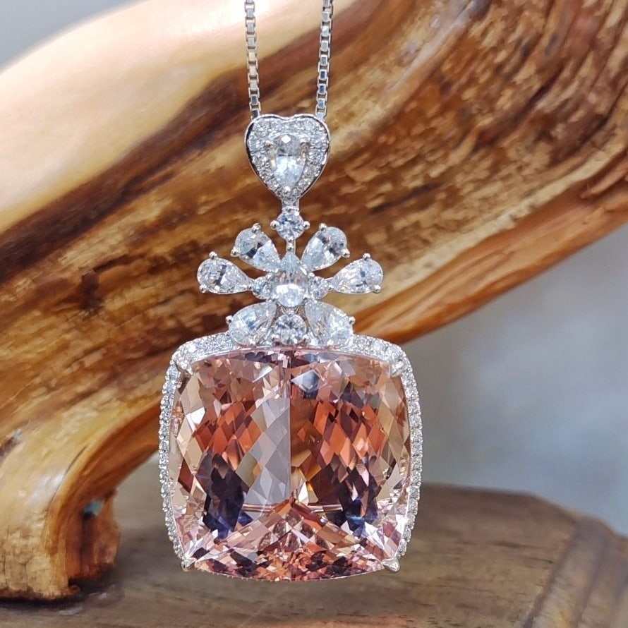 14k Gold 52.23 Ctw Natural Morganite & Sapphire Pendant( Without Chain ) - 2