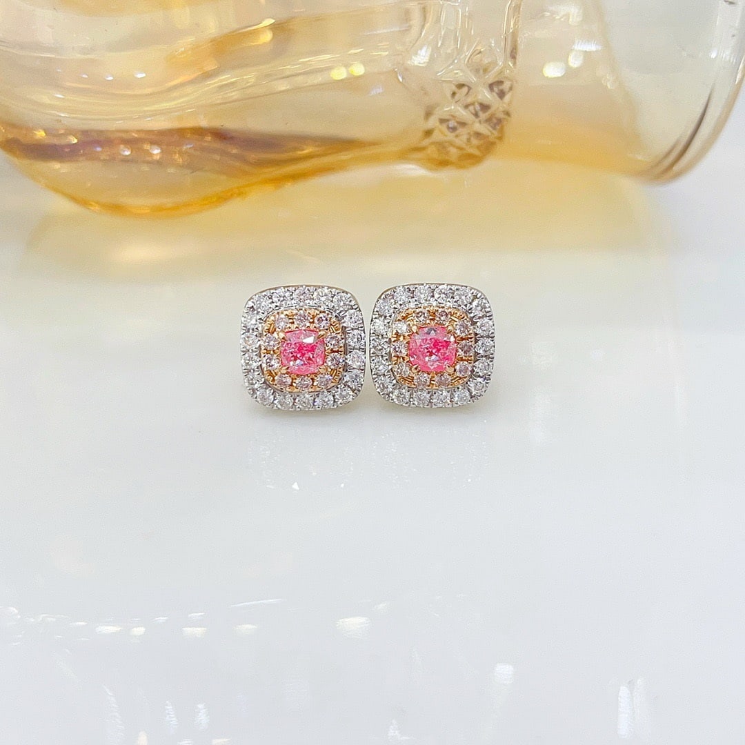 14k Gold 0.50 Ctw Natural Pink Diamond & Diamond Earrings: Ref:231092278 // gold content:14k gold // main gemstone:pink diamond // shape:cushion // carat weight:0. 18ct // color:pink // treatment:natural // // adjacent gemstone 2 : diamond // shape:round //