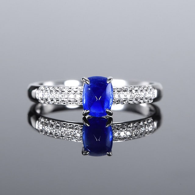 14k Gold 0.99 Ctw Natural Sapphire & Diamond Ring: Ref:231092279 // gold content:14k gold // ring size:7. 25us // // main gemstone:sapphire // shape:sugar-loaf // carat weight:0. 85ct // color:blue // treatment:natural // // adjacent gemstone 2 :