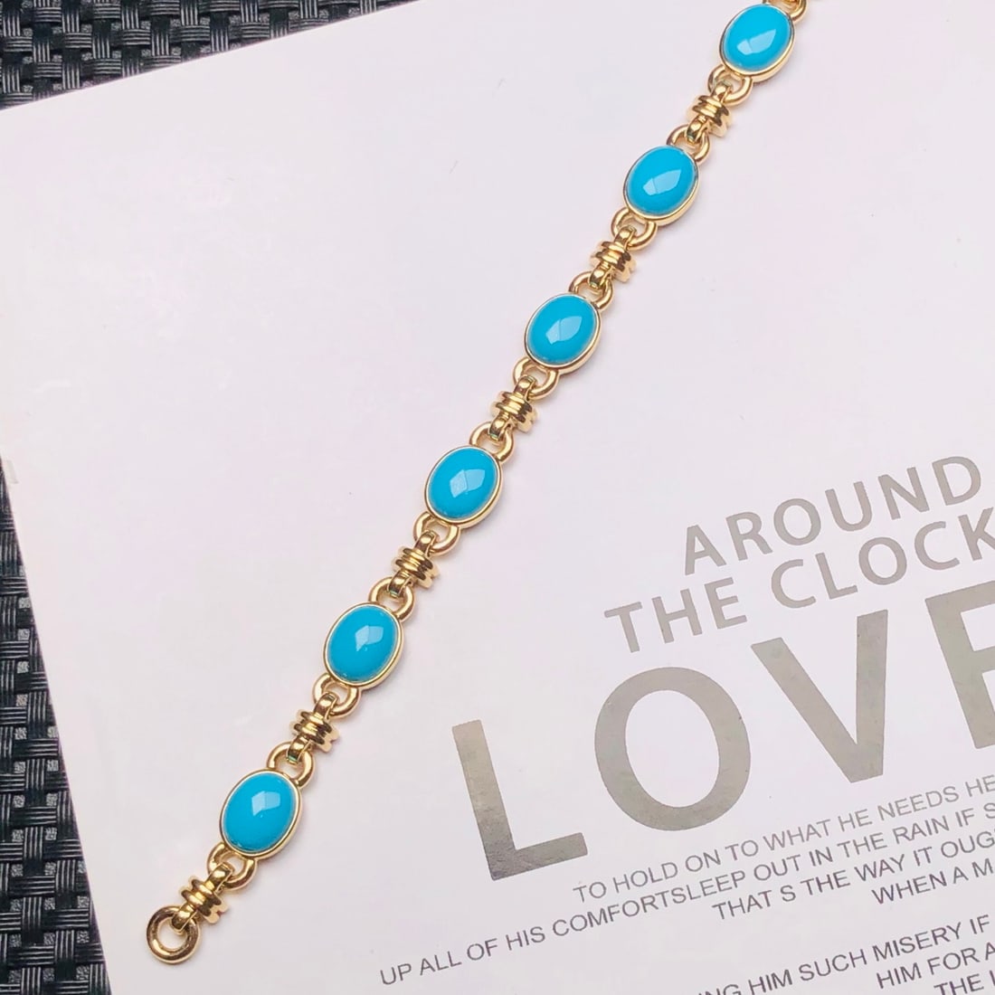 14k Gold 15.75 Ct Natural Blue Turquoise & Diamond Bracelet - 3