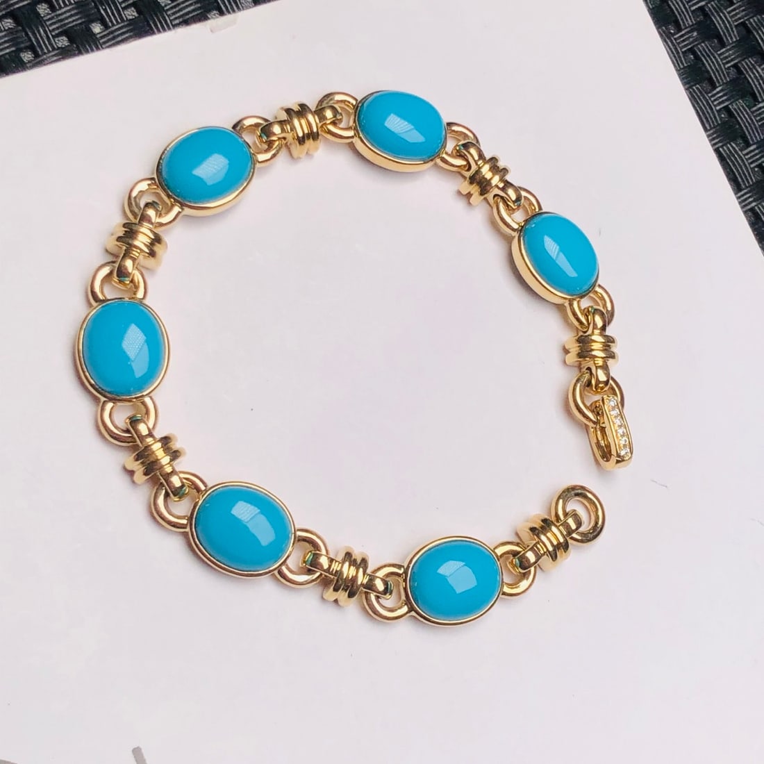 14k Gold 15.75 Ct Natural Blue Turquoise & Diamond Bracelet - 5