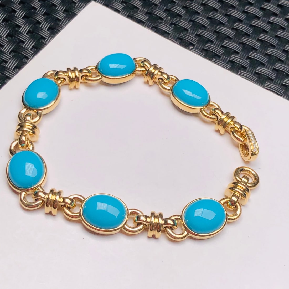 14k Gold 15.75 Ct Natural Blue Turquoise & Diamond Bracelet - 6