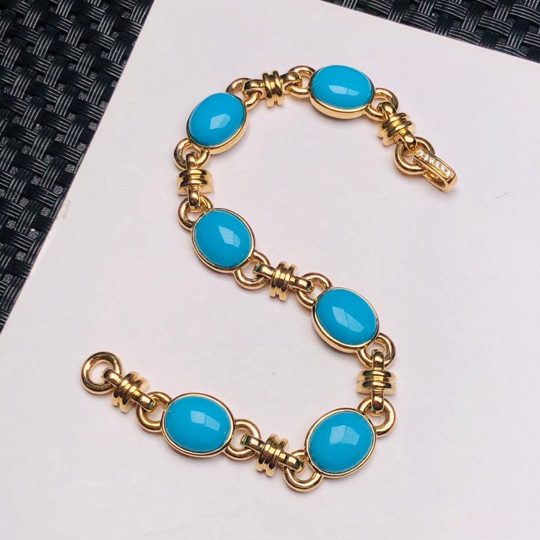 14k Gold 15.75 Ct Natural Blue Turquoise & Diamond Bracelet - 7