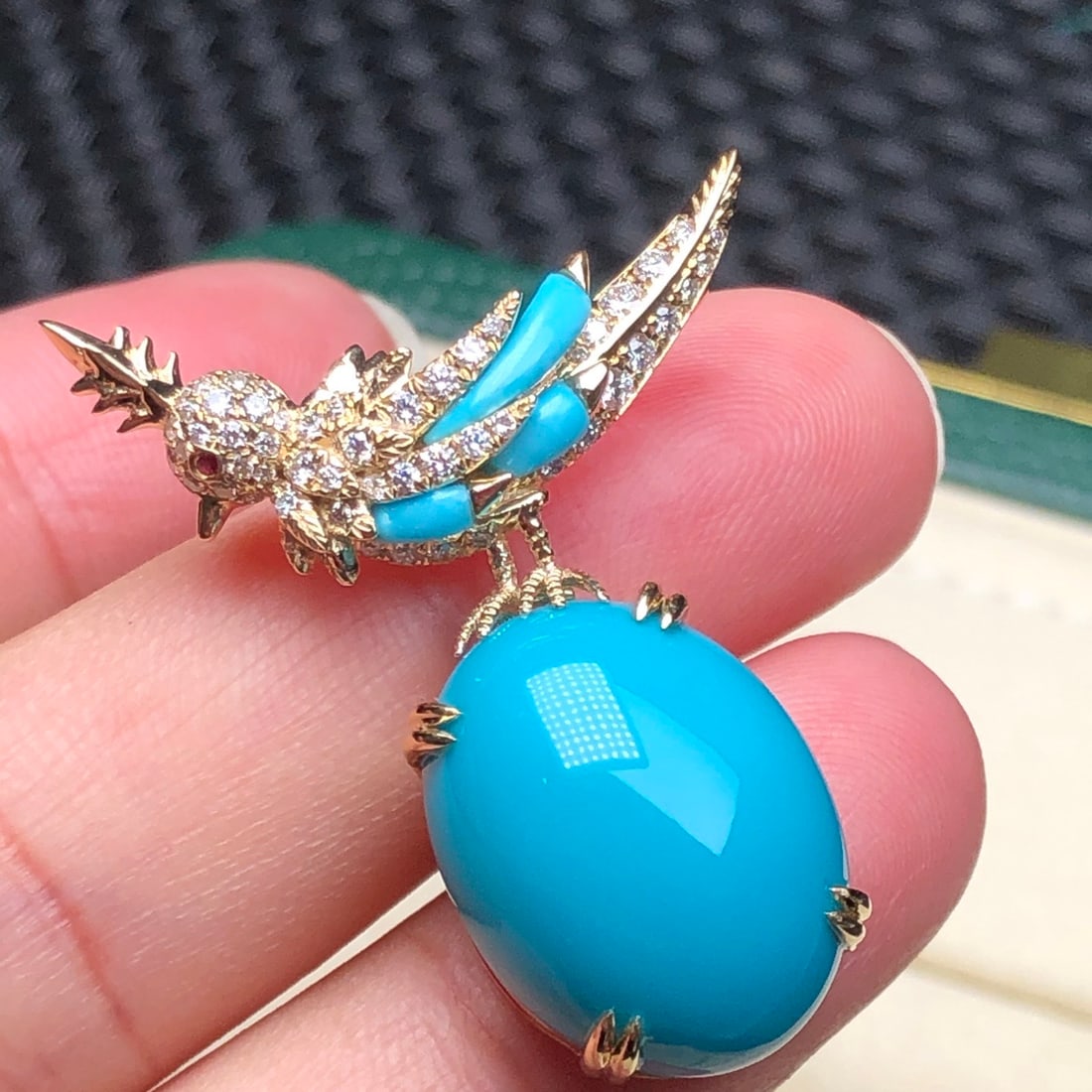 14k Gold 18.1 Ct Natural Blue Turquoise & Diamond Brooch/pendant( Without Chain ) - 2