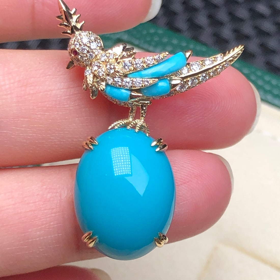 14k Gold 18.1 Ct Natural Blue Turquoise & Diamond Brooch/pendant( Without Chain ) - 3