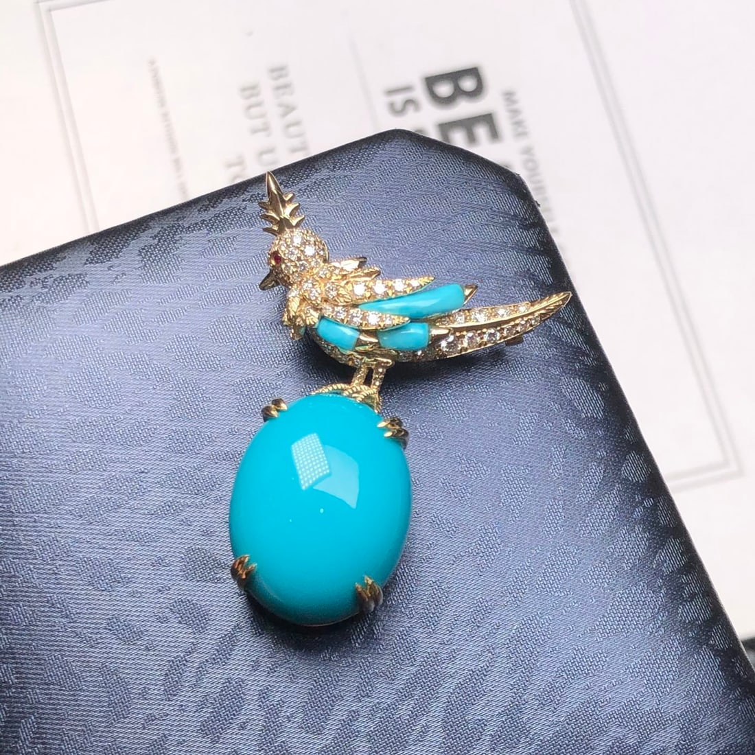 14k Gold 18.1 Ct Natural Blue Turquoise & Diamond Brooch/pendant( Without Chain ) - 4