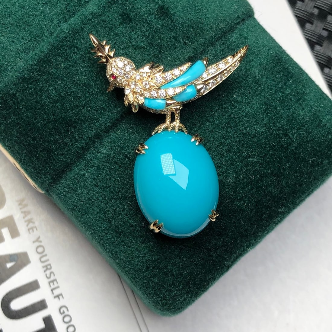 14k Gold 18.1 Ct Natural Blue Turquoise & Diamond Brooch/pendant( Without Chain ) - 6