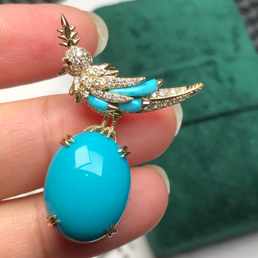 14k Gold 18.1 Ct Natural Blue Turquoise & Diamond Brooch/pendant( Without Chain ) - 7