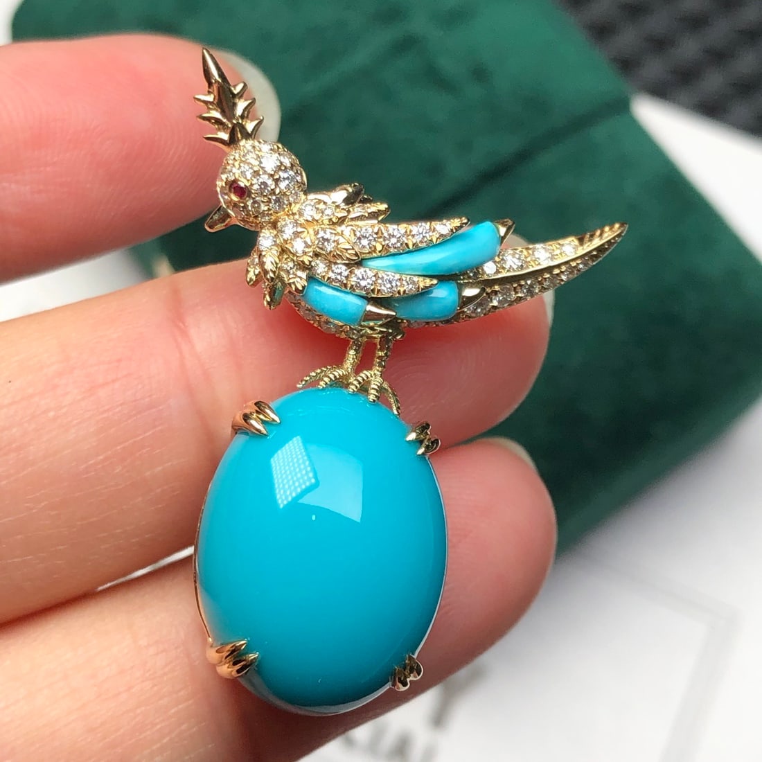14k Gold 18.1 Ct Natural Blue Turquoise & Diamond Brooch/pendant( Without Chain ) - 8