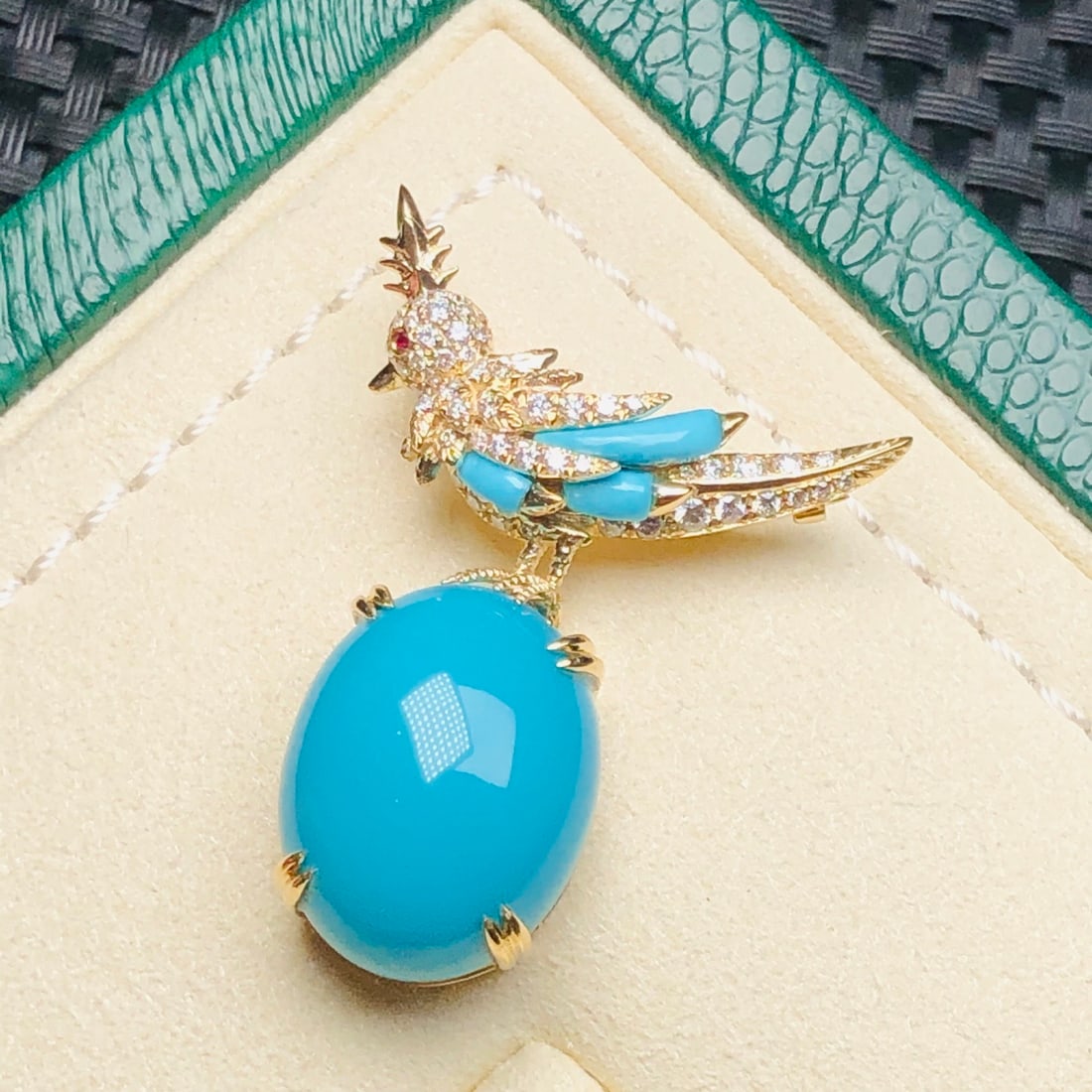 14k Gold 18.1 Ct Natural Blue Turquoise & Diamond Brooch/pendant( Without Chain ) - 9
