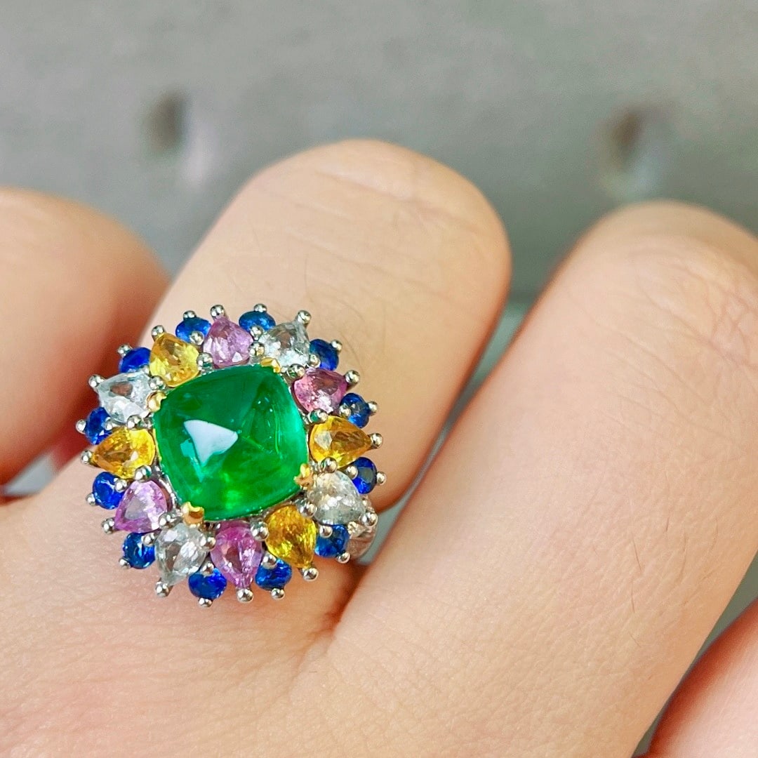 14k Gold 7.80 Ctw Vivid Green Natural Emerald & Sapphire Ring - 3
