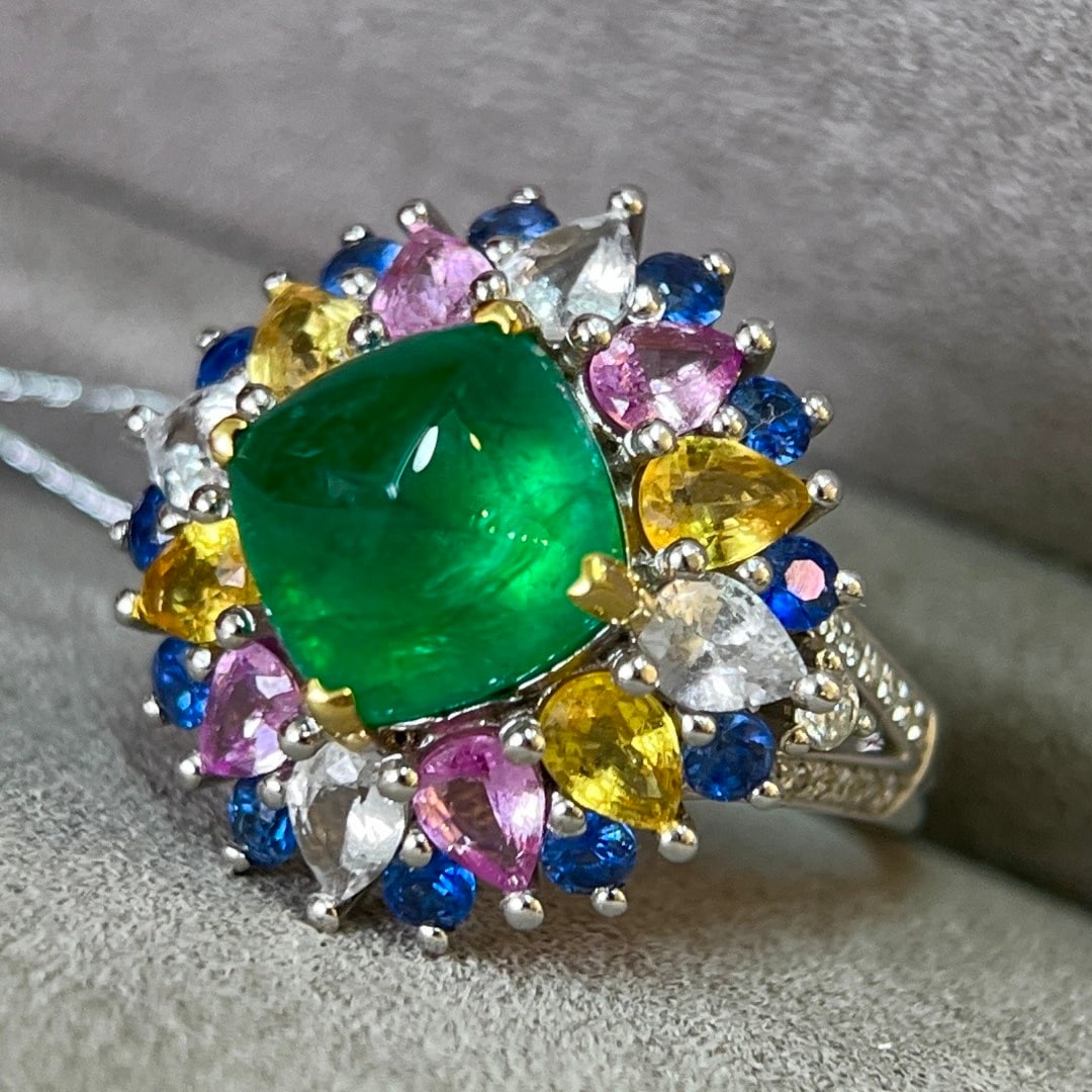 14k Gold 7.80 Ctw Vivid Green Natural Emerald & Sapphire Ring - 6