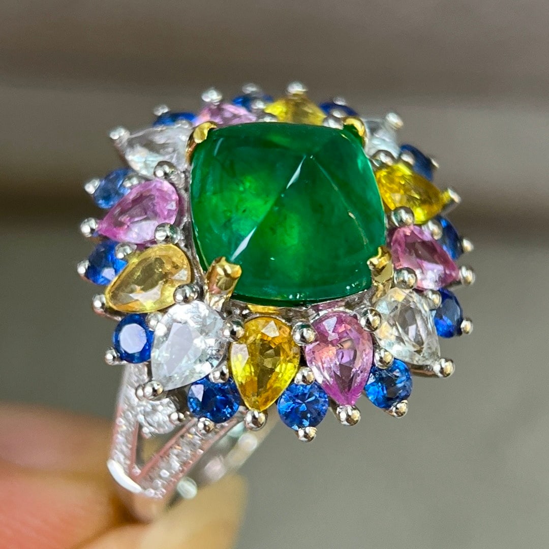 14k Gold 7.80 Ctw Vivid Green Natural Emerald & Sapphire Ring - 7