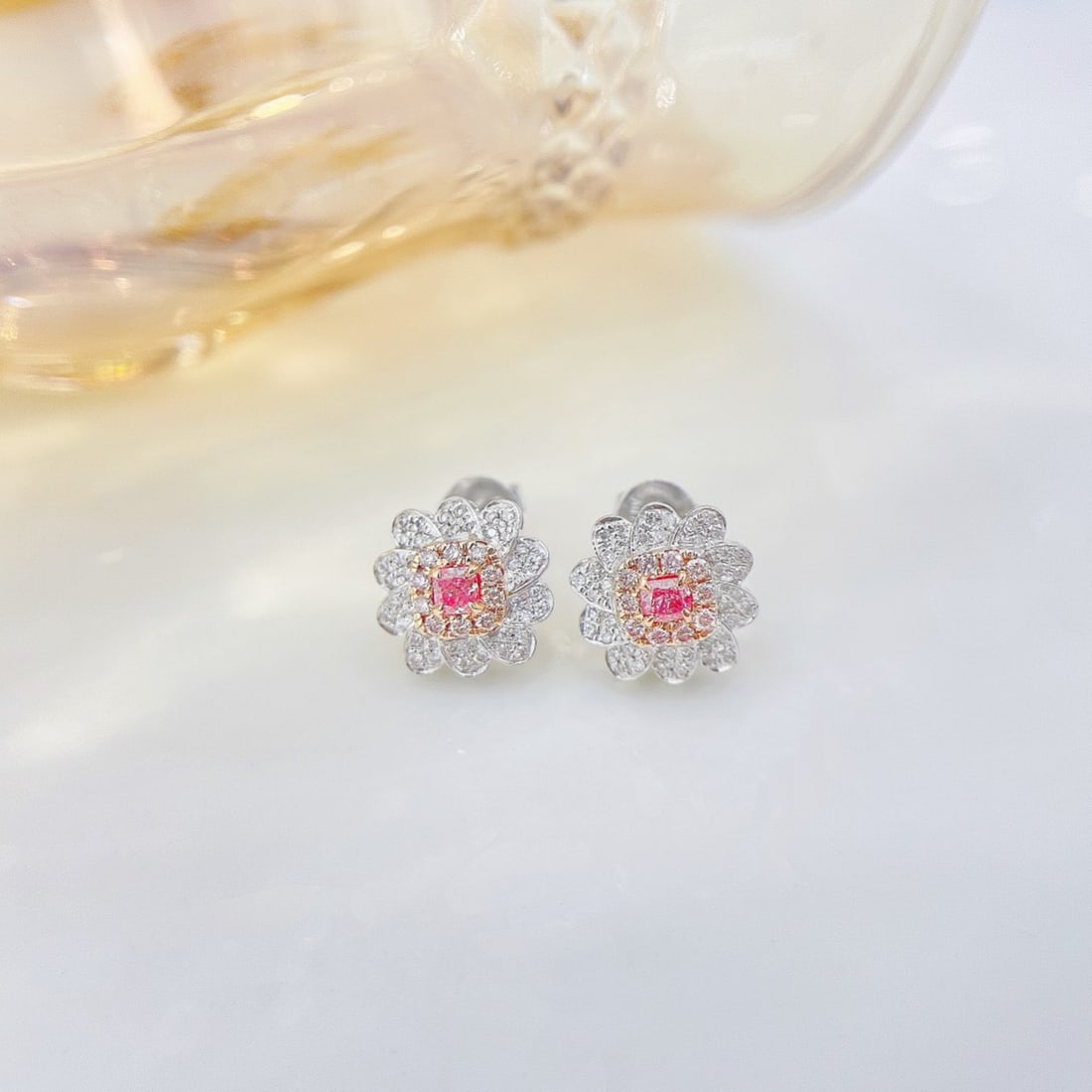 14k Gold 0.38 Ctw Natural Pink Diamond & Diamond Earrings: Ref:231092318 // gold content:14k gold // main gemstone:pink diamond // shape:cushion // carat weight:0. 14ct // color:pink // treatment:natural // // adjacent gemstone 2 : diamond // shape:round //