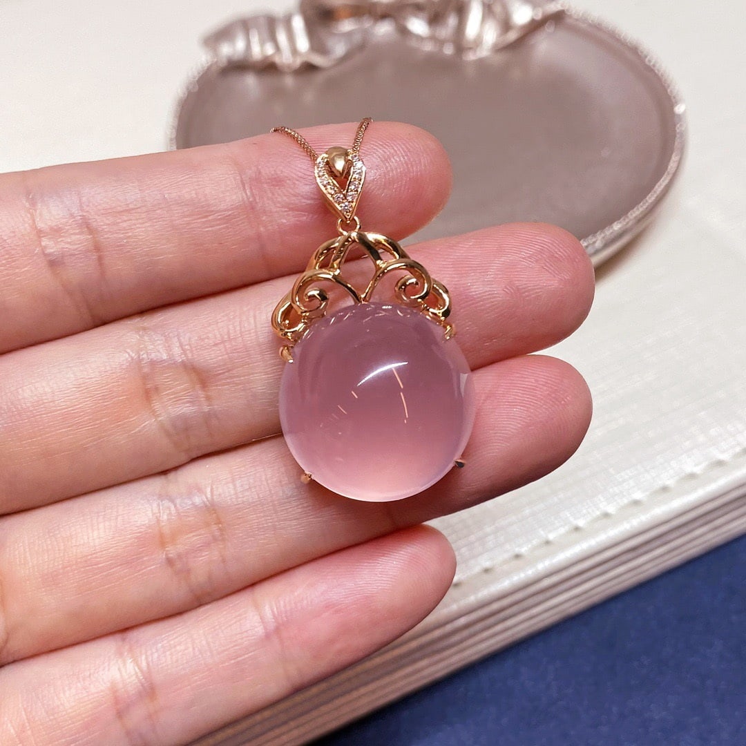 14k Gold 37.82 Ct Natural Rose Quartz & Diamond Pendant( Without Chain ) - 2