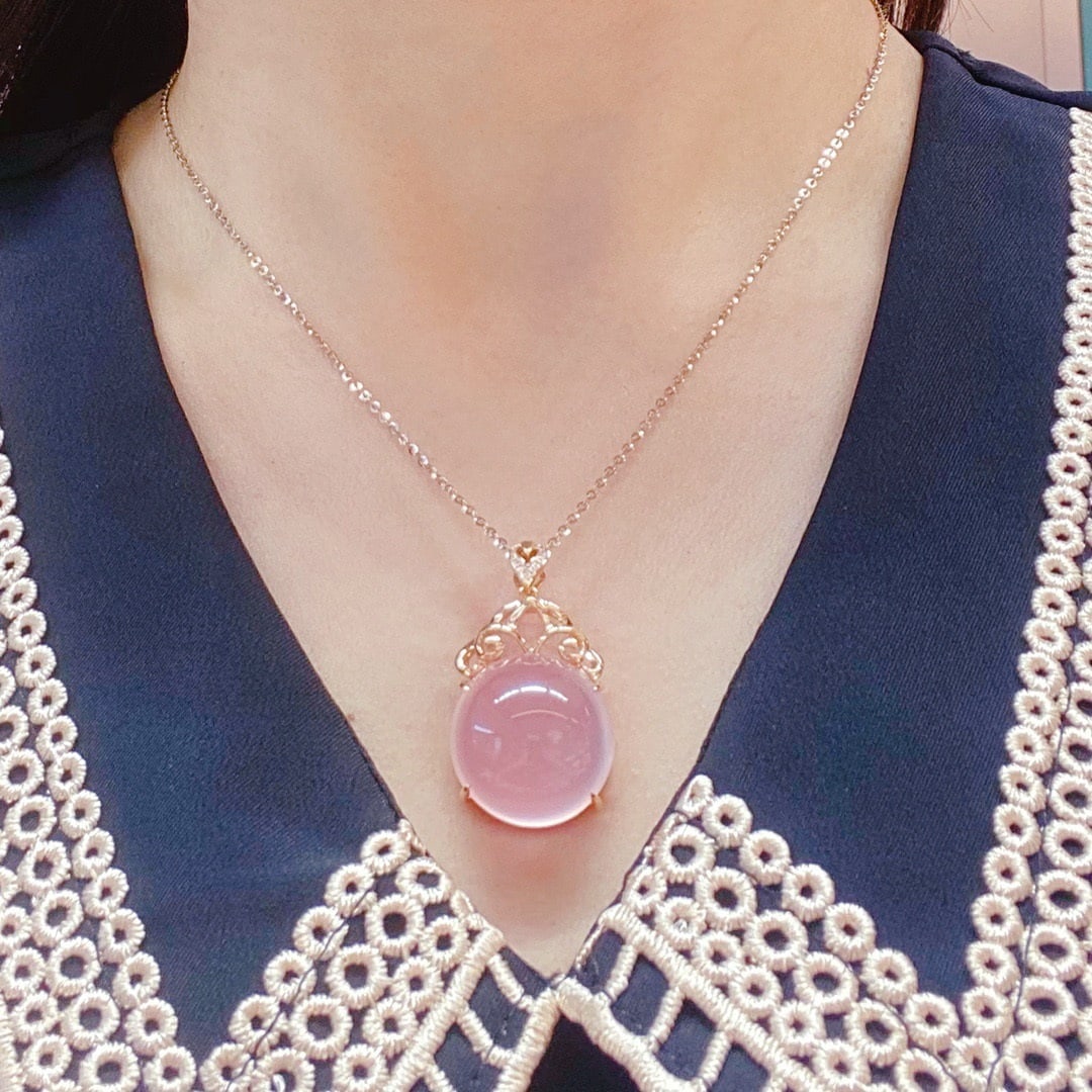 14k Gold 37.82 Ct Natural Rose Quartz & Diamond Pendant( Without Chain ) - 3