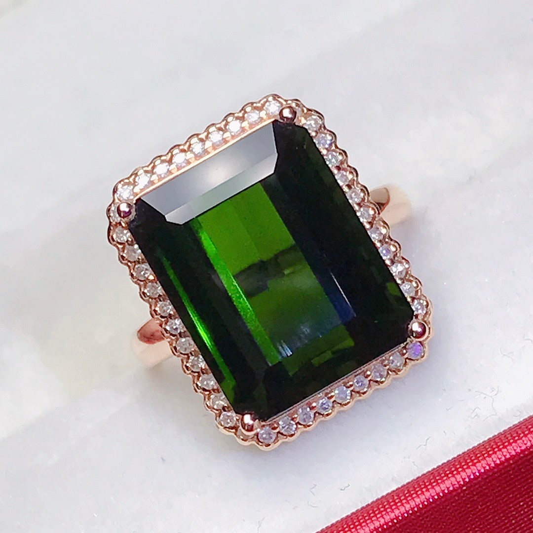 14k Gold 12 Ct Natural Tourmaline & Diamond Ring - 2