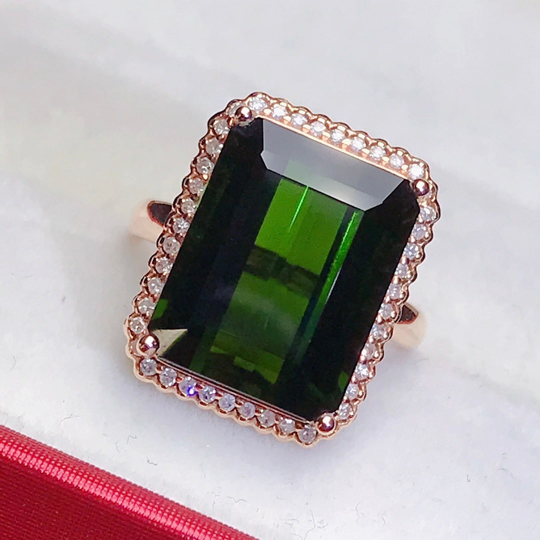 14k Gold 12 Ct Natural Tourmaline & Diamond Ring - 3