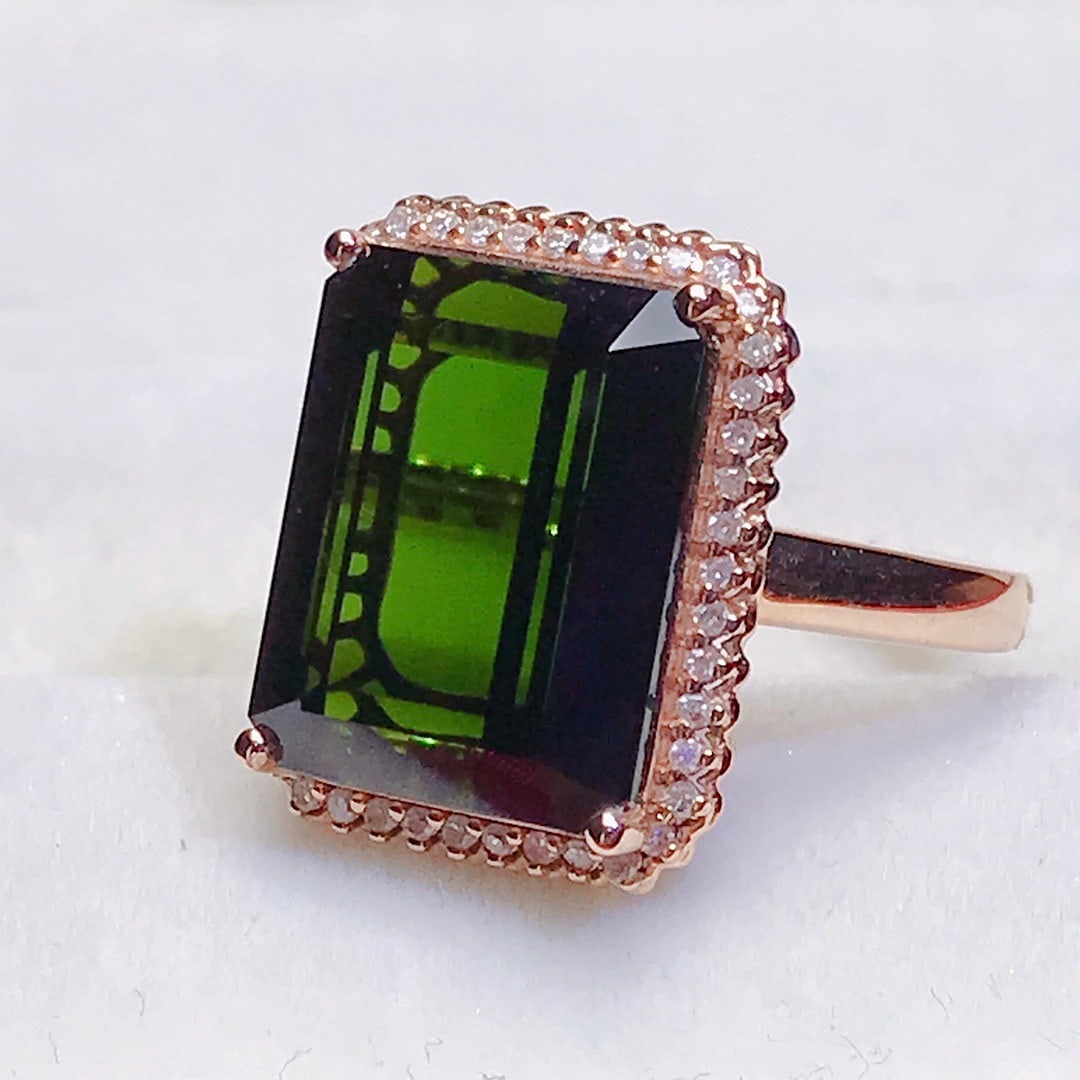 14k Gold 12 Ct Natural Tourmaline & Diamond Ring - 4