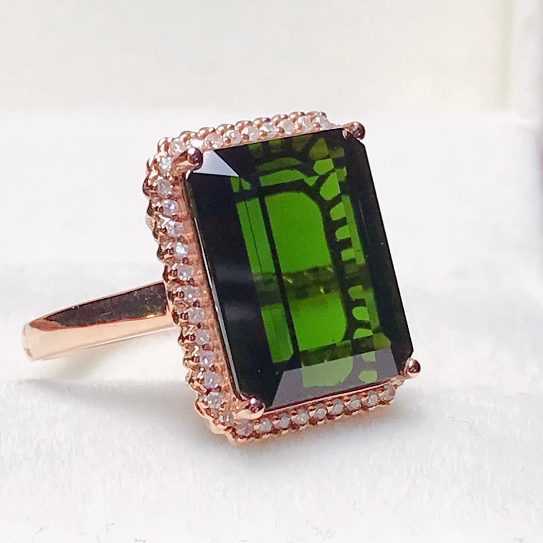 14k Gold 12 Ct Natural Tourmaline & Diamond Ring - 6