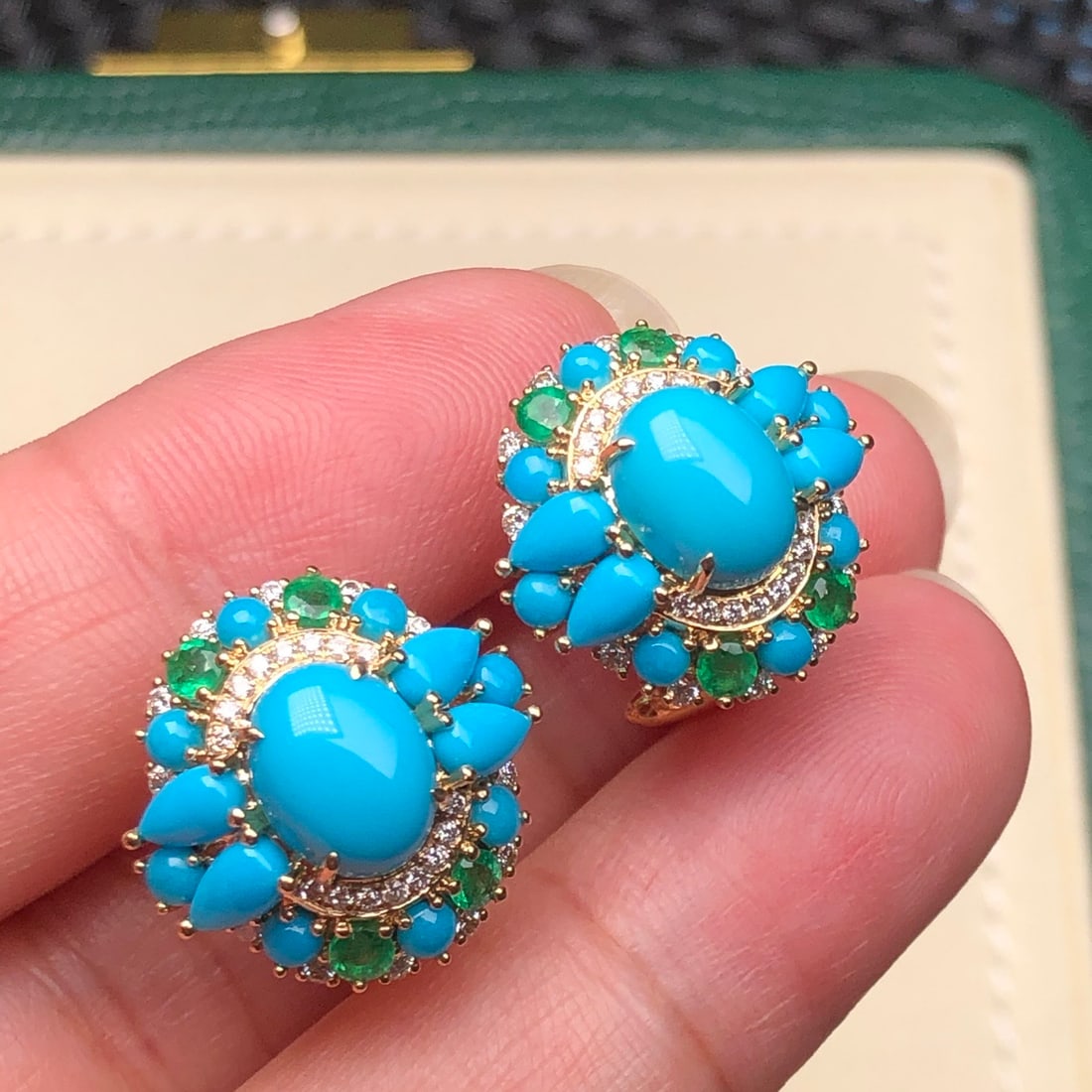 14k Gold 3.04 Ctw Natural Blue Turquoise & Diamond Earrings - 2