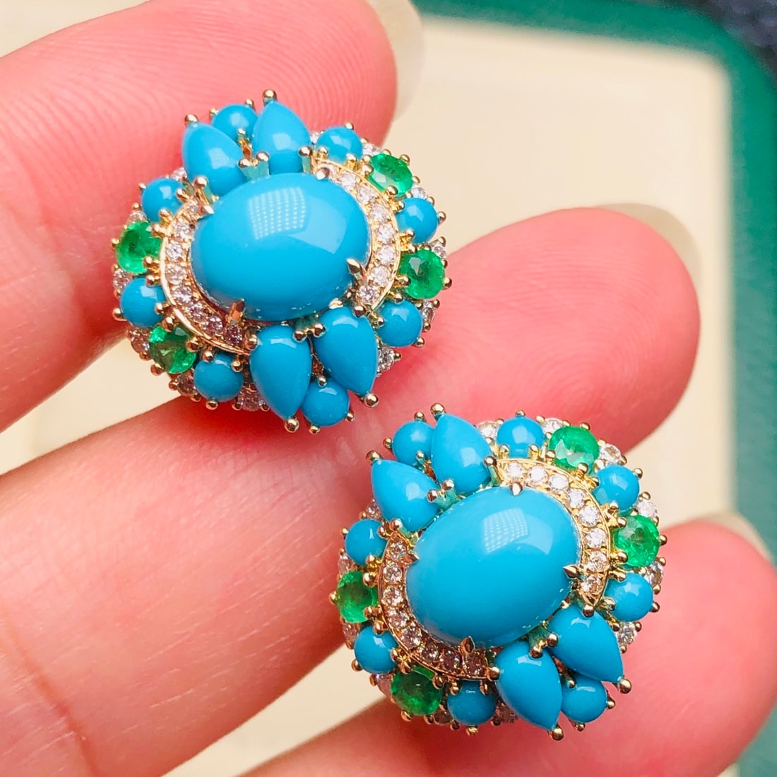 14k Gold 3.04 Ctw Natural Blue Turquoise & Diamond Earrings - 3