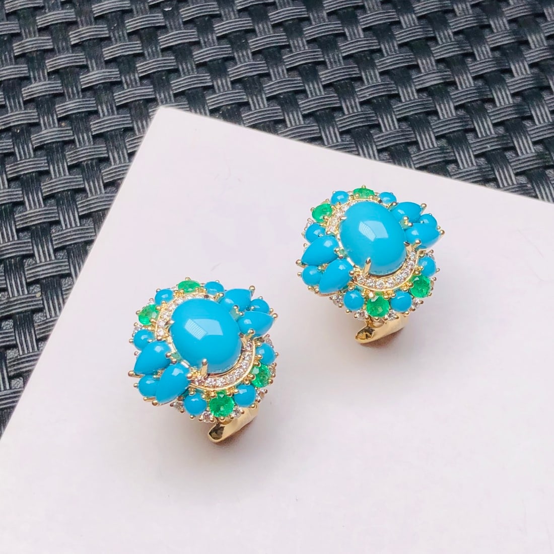 14k Gold 3.04 Ctw Natural Blue Turquoise & Diamond Earrings - 4