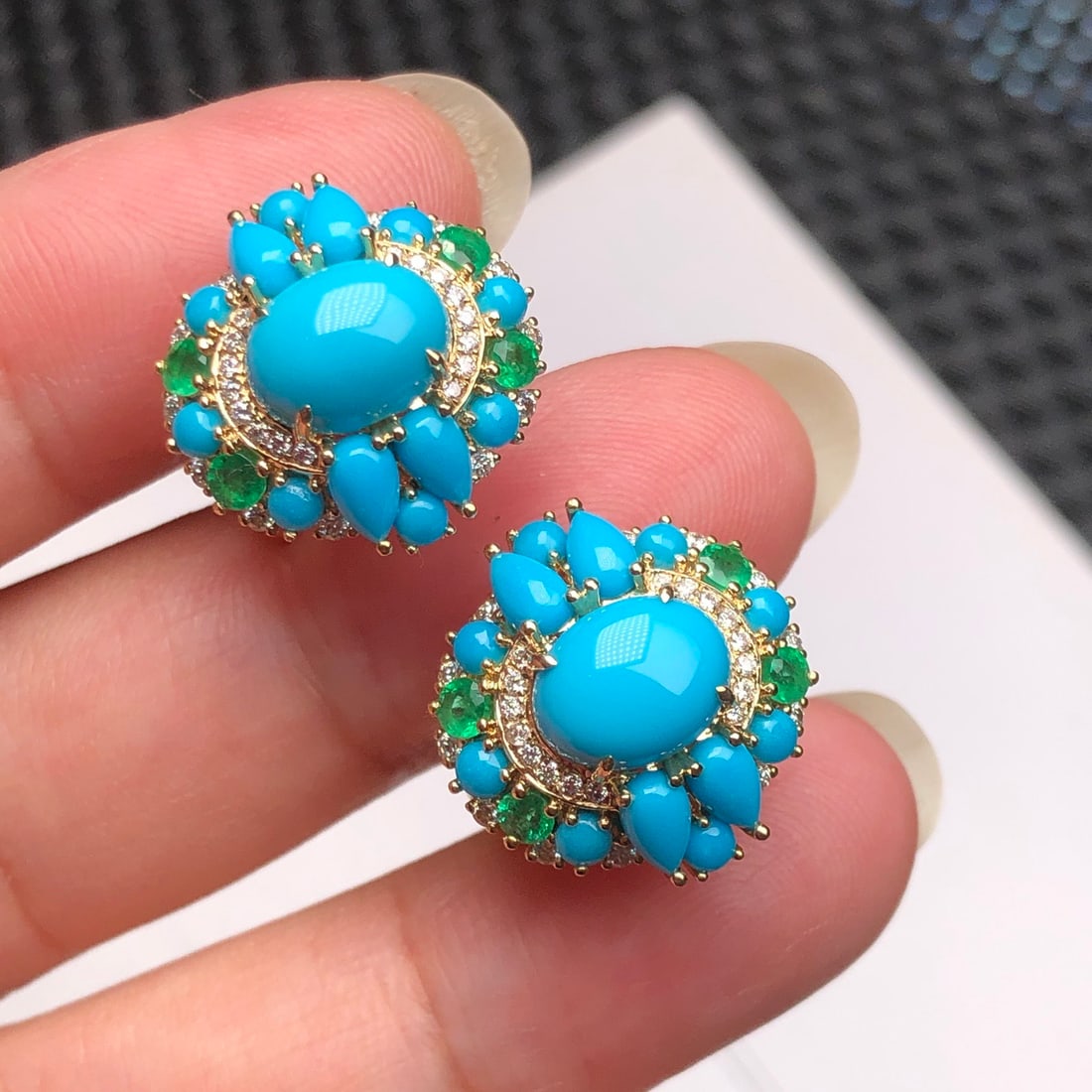 14k Gold 3.04 Ctw Natural Blue Turquoise & Diamond Earrings - 5