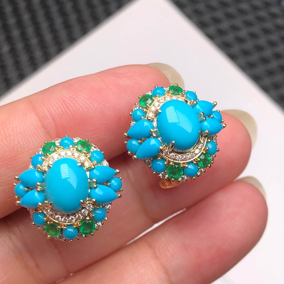 14k Gold 3.04 Ctw Natural Blue Turquoise & Diamond Earrings - 6