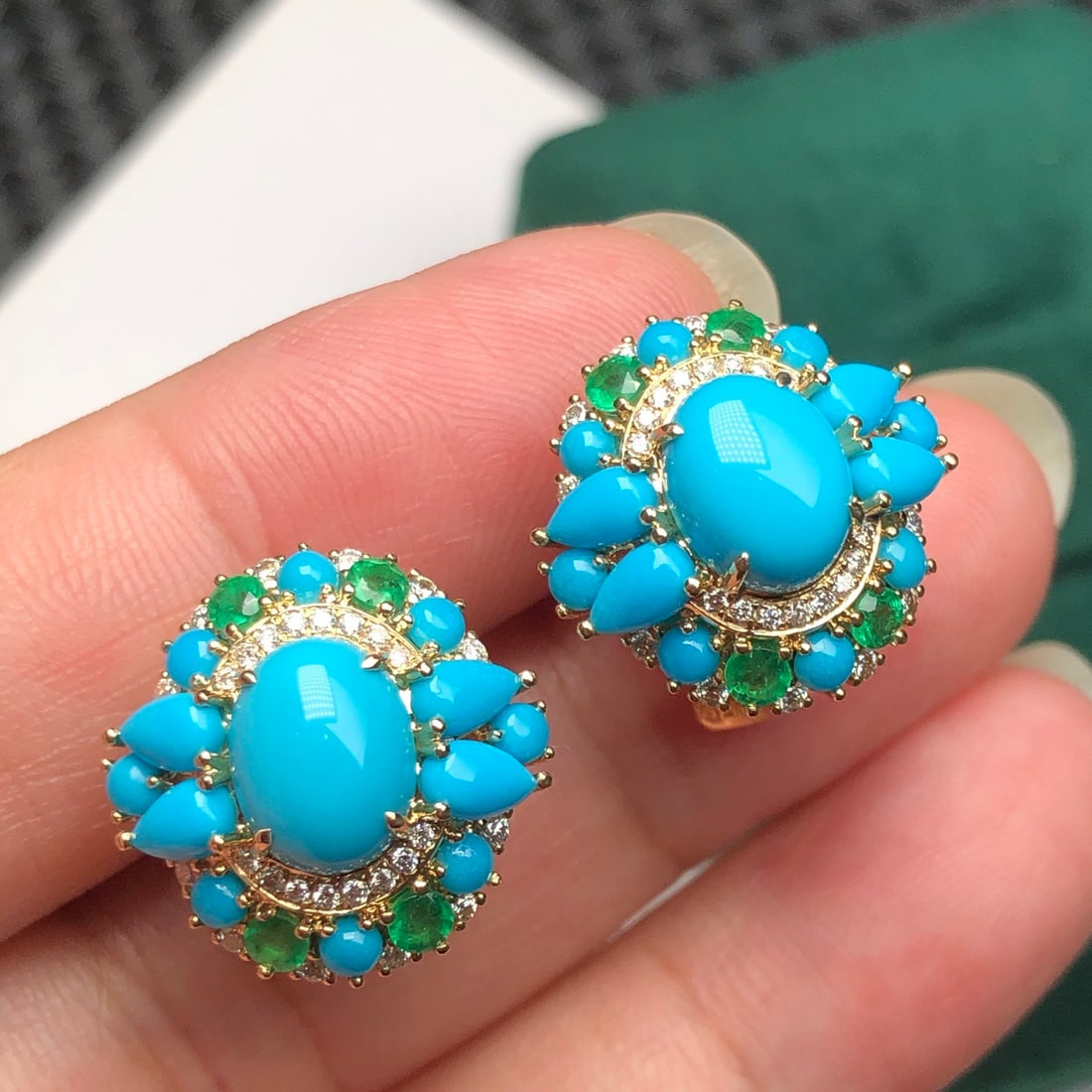 14k Gold 3.04 Ctw Natural Blue Turquoise & Diamond Earrings - 7