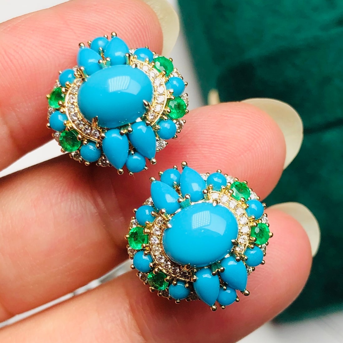 14k Gold 3.04 Ctw Natural Blue Turquoise & Diamond Earrings - 8