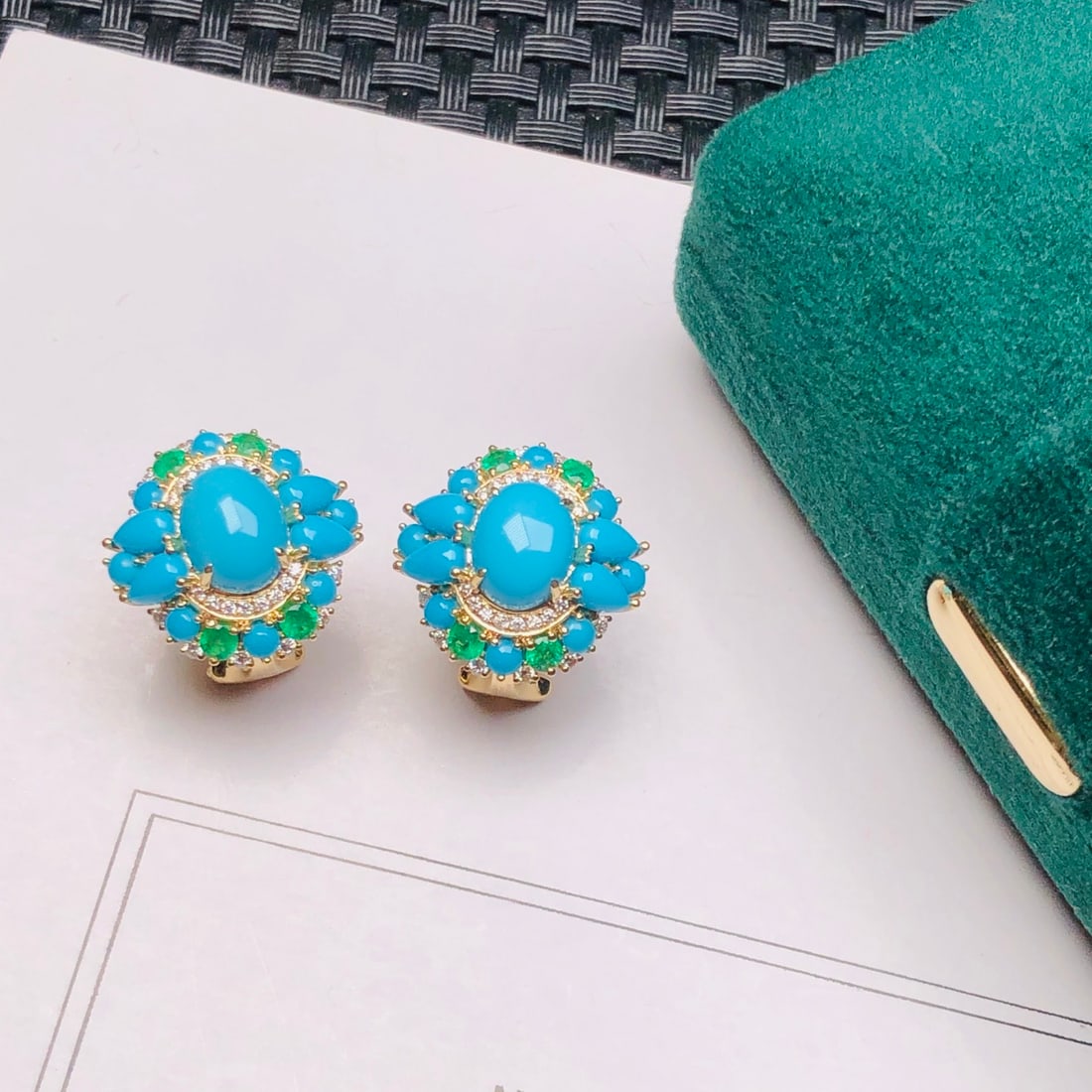 14k Gold 3.04 Ctw Natural Blue Turquoise & Diamond Earrings - 9