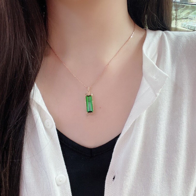 14k Gold 13.11 Ct Natural Tourmaline & Diamond Pendant( Without Chain ) - 3