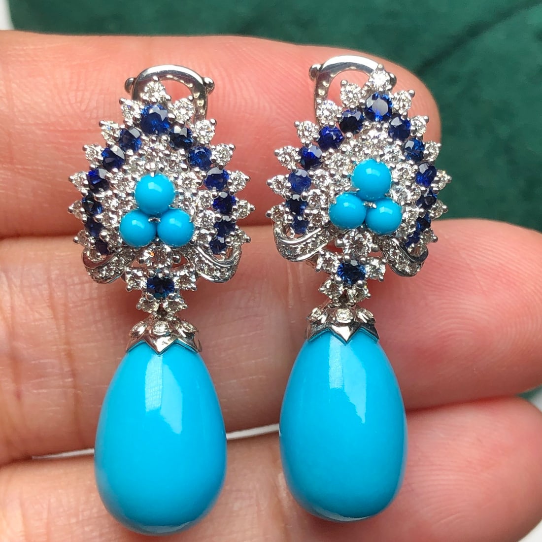 14k Gold 21.85 Ct Natural Blue Turquoise & Diamond & Sapphire Earrings: Ref:231092378 // gold content:14k gold // main gemstone:blue turquoise // shape:pear // carat weight:21. 85ct // color:blue // treatment:natural // // adjacent gemstone 2 : diamond // shape:round // c