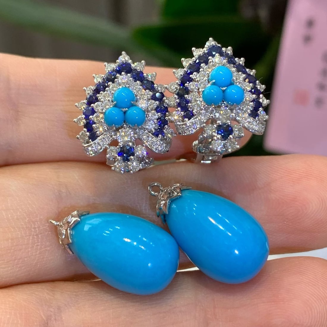 14k Gold 21.85 Ct Natural Blue Turquoise & Diamond & Sapphire Earrings - 3