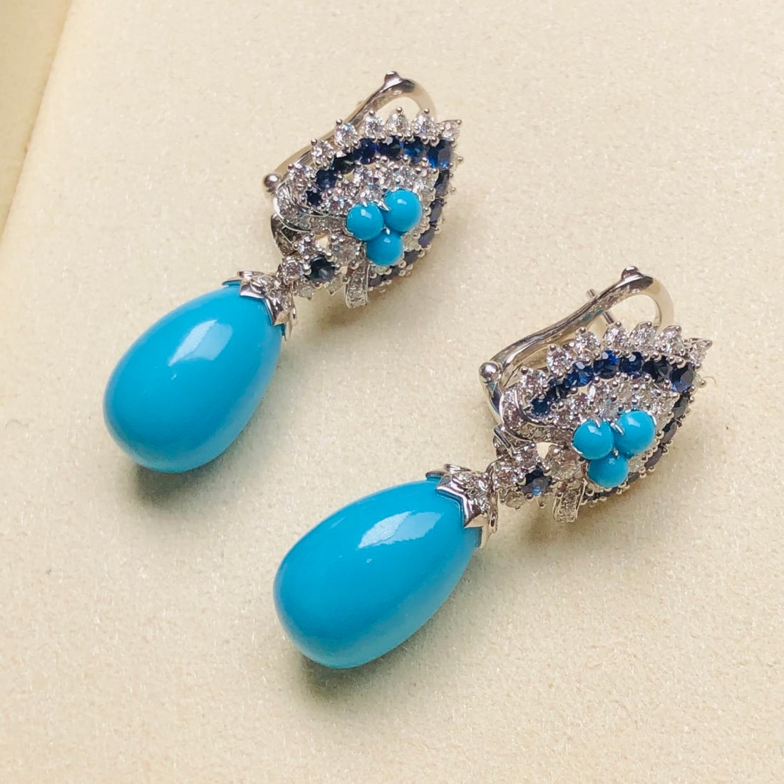 14k Gold 21.85 Ct Natural Blue Turquoise & Diamond & Sapphire Earrings - 5