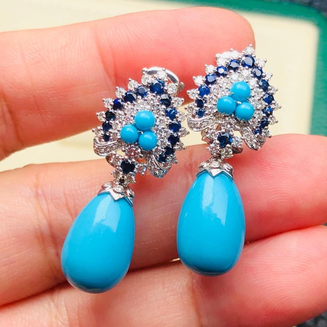 14k Gold 21.85 Ct Natural Blue Turquoise & Diamond & Sapphire Earrings - 6