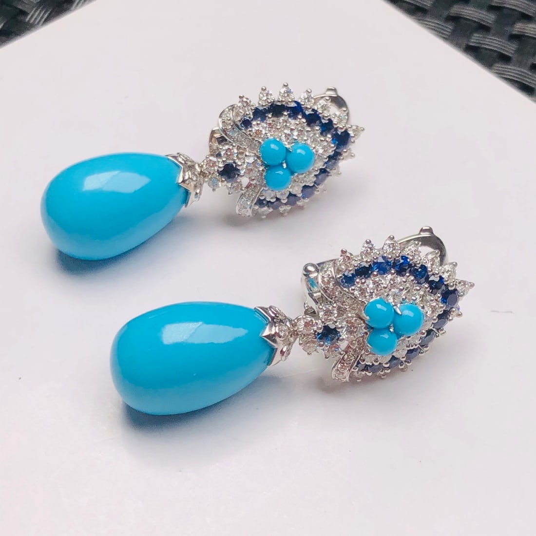 14k Gold 21.85 Ct Natural Blue Turquoise & Diamond & Sapphire Earrings - 7