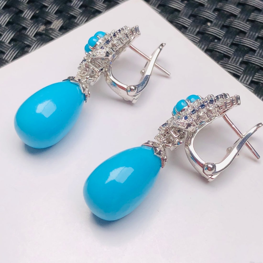 14k Gold 21.85 Ct Natural Blue Turquoise & Diamond & Sapphire Earrings - 8