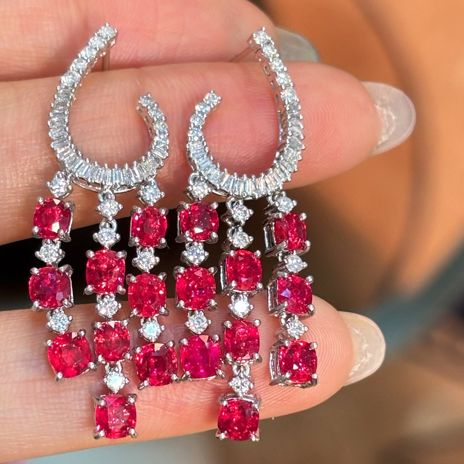 14k Gold 6.06 Ct Natural Ruby & Diamond Earrings: Ref:231092383 // gold content:14k gold // main gemstone:ruby // shape:cushion // carat weight:6. 06ct // color:red // treatment:natural // // adjacent gemstone 2 : diamond // shape:multiple //