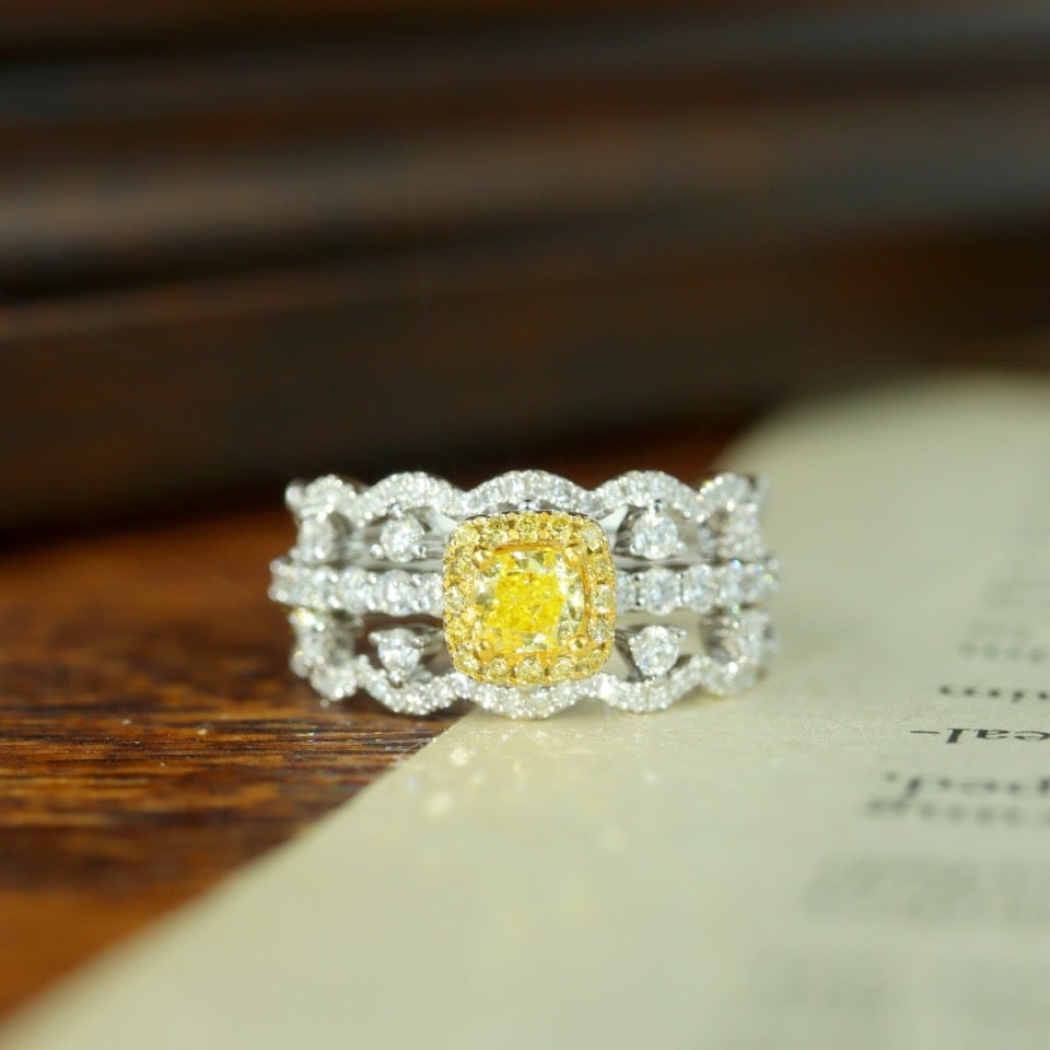 14k Gold 1.14 Ctw Natural Yellow Diamond & Diamond Ring: Ref:231092386 // gold content:14k gold // ring size:7. 25us // // main gemstone:yellow diamond // shape:cushion // carat weight:0. 39ct // color:yellow // treatment:natural // // adjacent gemstone 2