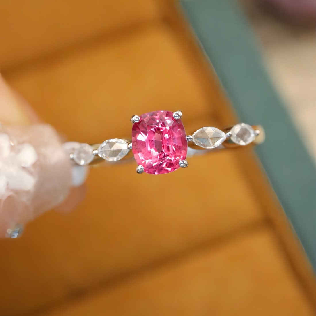 14k Gold 0.75 Ctw Natural Spinel & Diamond Ring: Ref:231092397 // gold content:14k gold // ring size:7. 25us // // main gemstone:spinel // shape:cushion // carat weight:0. 65ct // color:pink // treatment:natural // // adjacent gemstone 2 : diamond