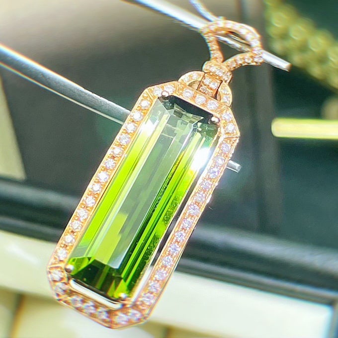 14k Gold 7.65 Ct Natural Tourmaline & Diamond Pendant( Without Chain ) - 6