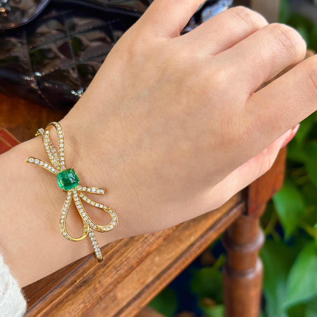 14k Gold 4.30 Ctw Natural Emerald & Diamond Bangle - 2