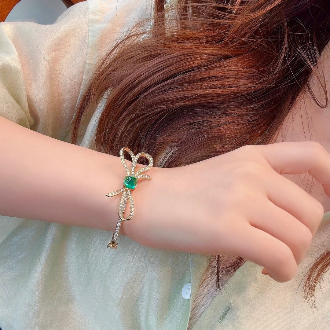 14k Gold 4.30 Ctw Natural Emerald & Diamond Bangle - 3