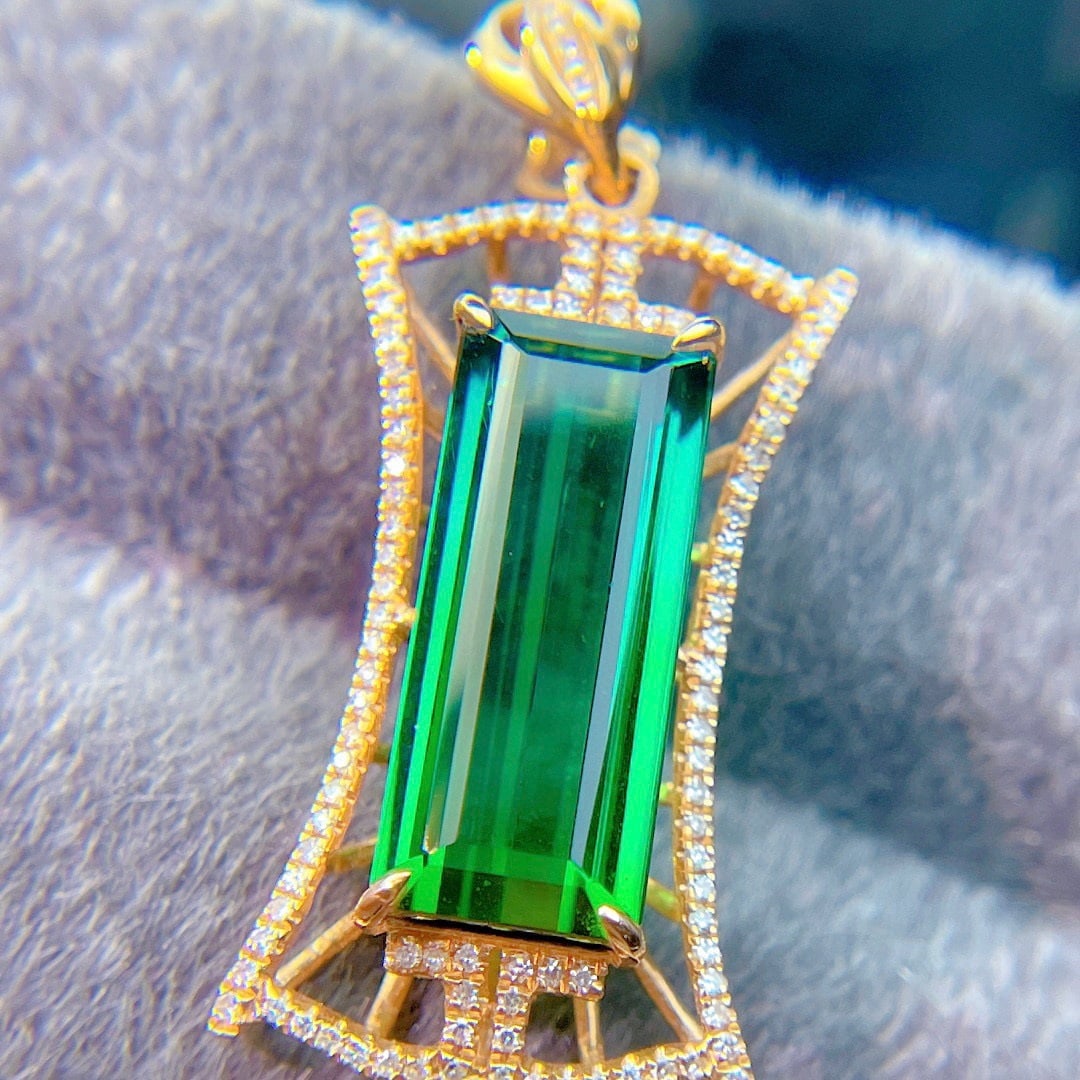 14k Gold 6.6 Ct Natural Tourmaline & Diamond Pendant( Without Chain ) - 2