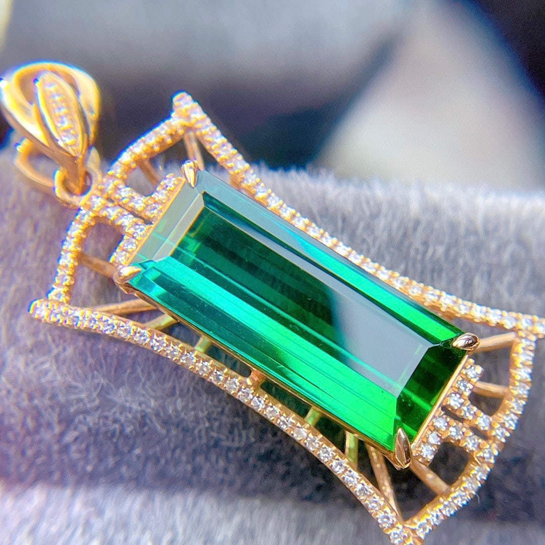 14k Gold 6.6 Ct Natural Tourmaline & Diamond Pendant( Without Chain ) - 3
